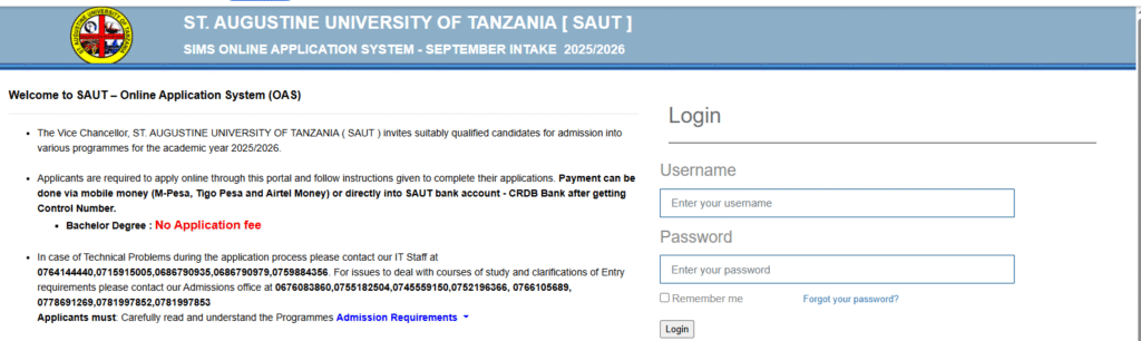 A view of the official St. Augustine University of Tanzania SAUT Admission portal where applicants apply, track progress, and confirm their university admission.